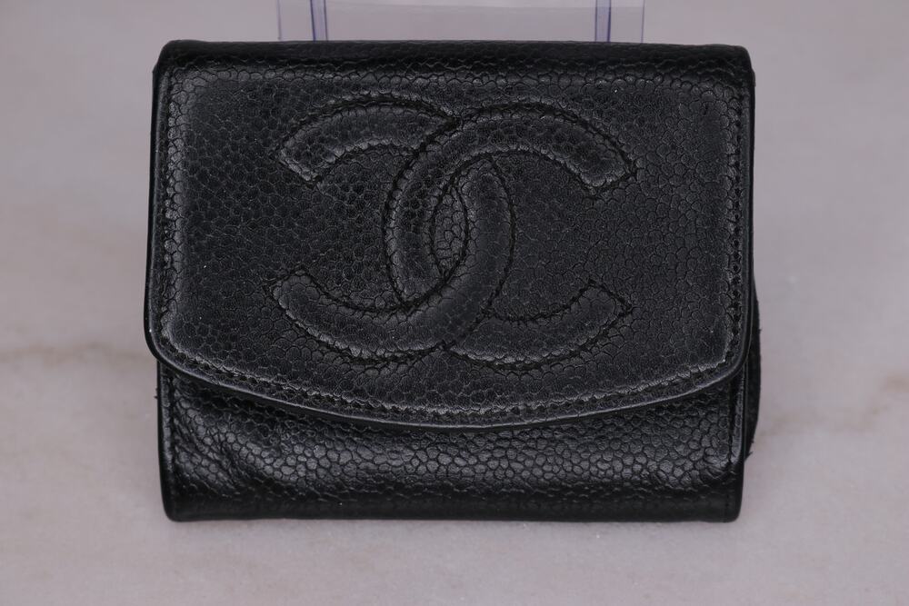 Authentic Vintage Chanel Black Caviar Leather Timeless Wallet - Serial # 9756935